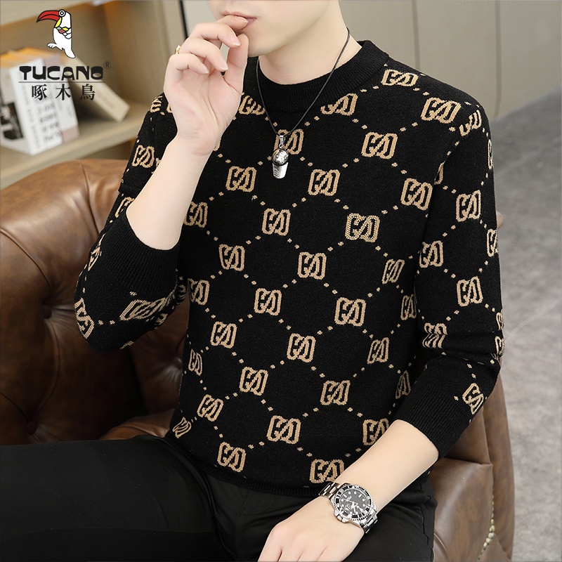 啄木鸟圆领保暖男士毛衣高品质针织雪尼尔提花修身打底衫休闲上衣