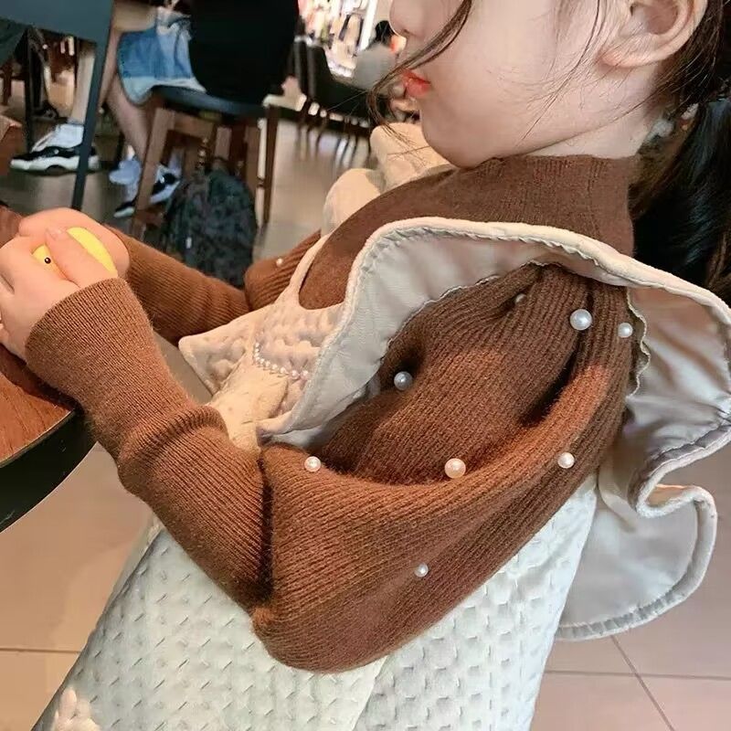 女童一体绒毛衣加厚加绒秋冬季装洋气儿童套头针织衫内搭打底衫潮