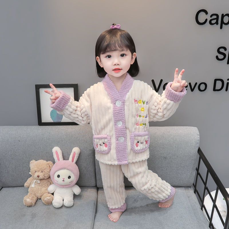 女童法兰绒睡衣秋冬季2023新款加绒女孩宝宝冬款珊瑚绒家居服套装
