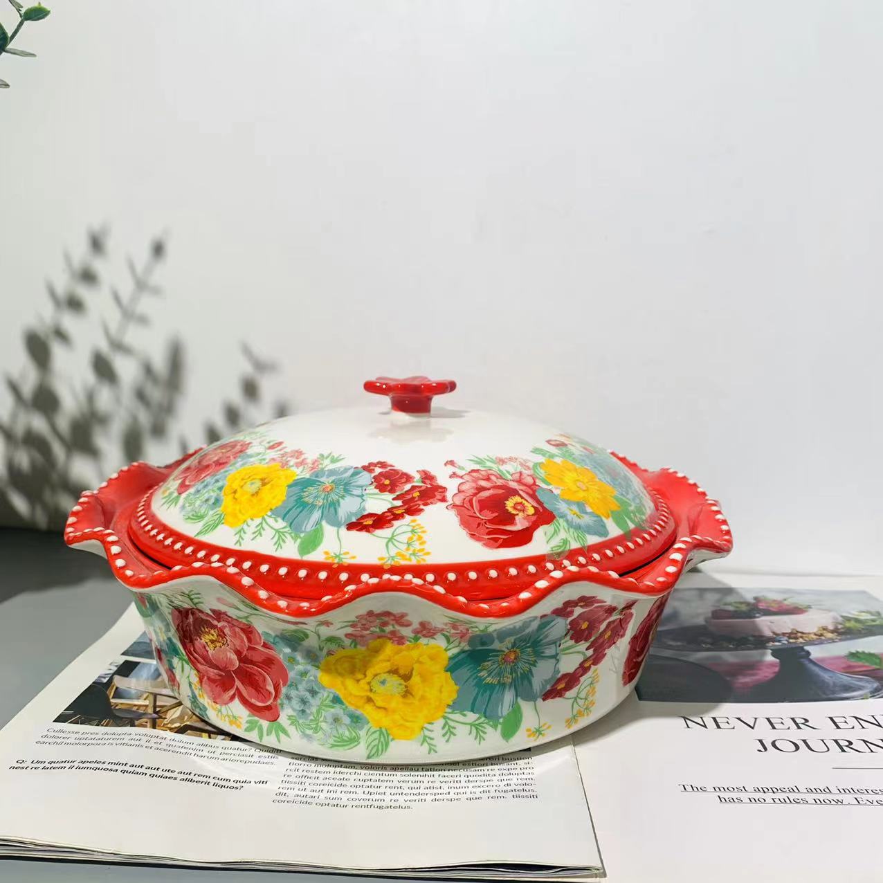 手绘花团锦簇-11英寸花边珠点带盖汤碗派盘