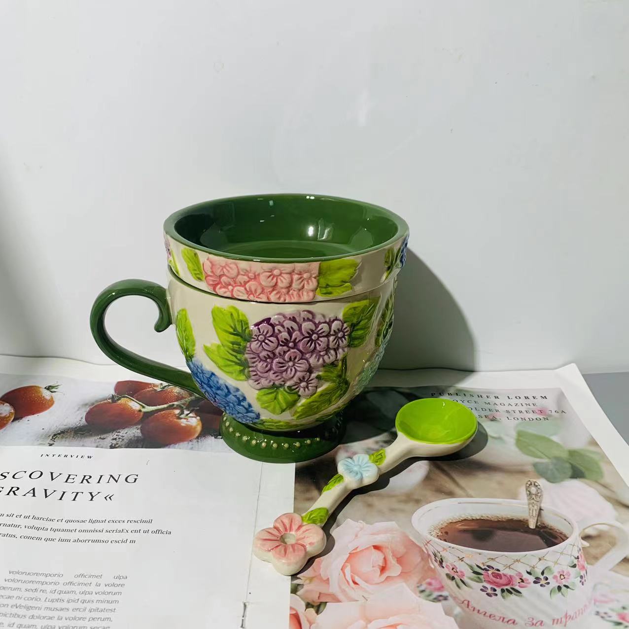 绣球花大肚杯带盖带勺