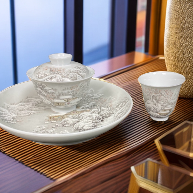 墨彩黑白雪景景德镇陶瓷茶具粉彩手工功夫套装壶承盖碗杯子整套