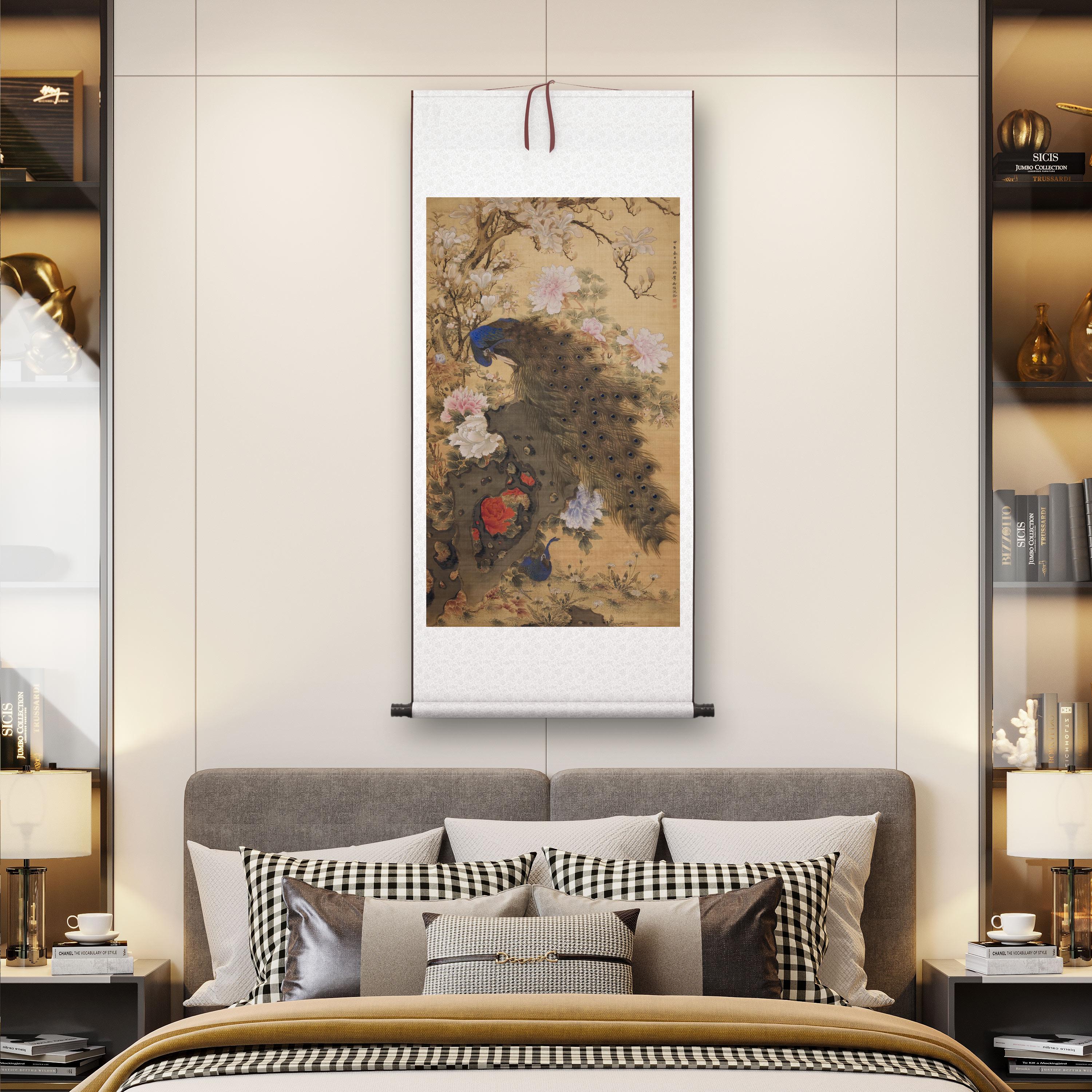 （微喷装饰画）清 沈铨《孔雀玉兰牡丹》茶室客厅书房高清卷轴挂画