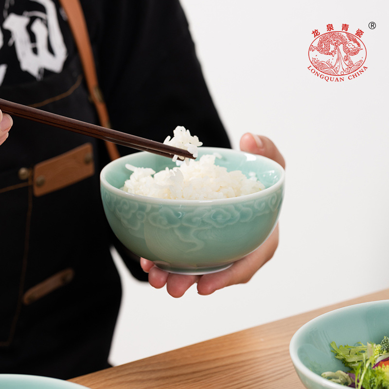 龙泉青瓷米饭碗陶瓷创意中式复古餐具套装家用加厚大号汤碗喝粥碗
