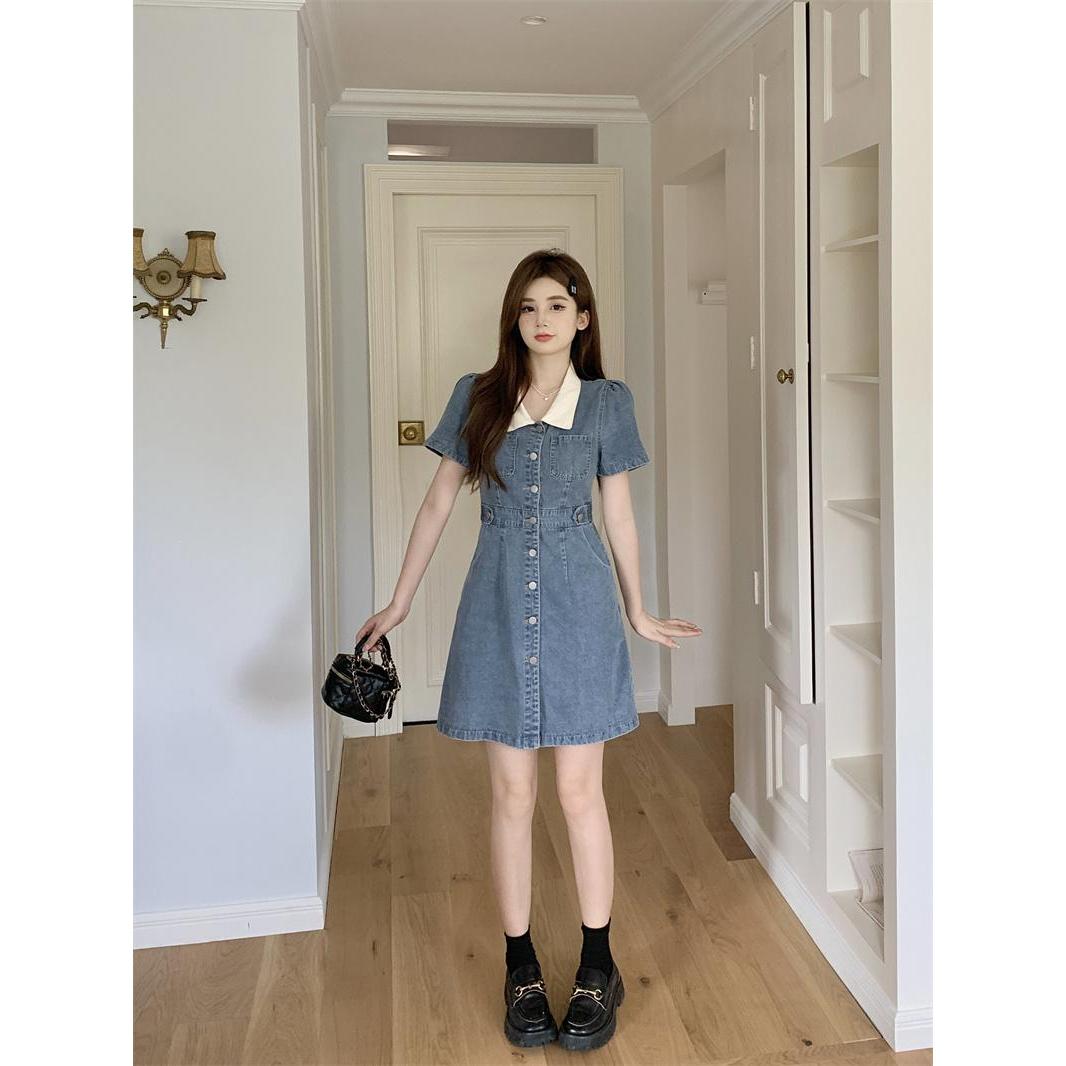 大码胖MM女装休闲POLO领百搭显瘦修身排扣撞色拼接牛仔中长连衣裙