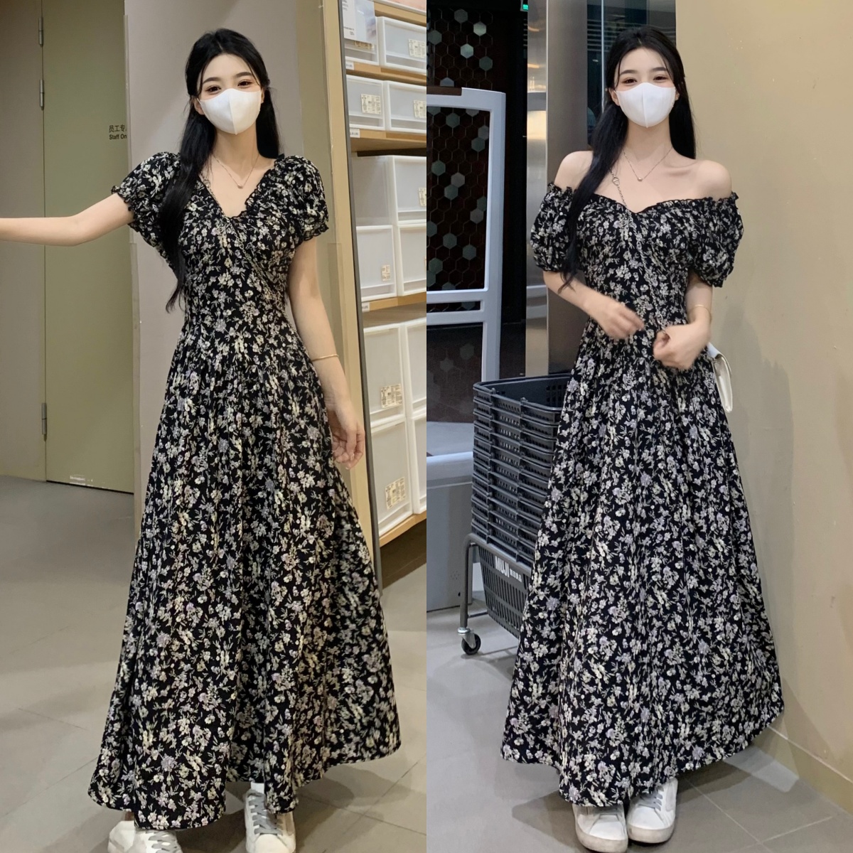 夏季新款法式复古碎花V领收腰显瘦长裙连衣裙女