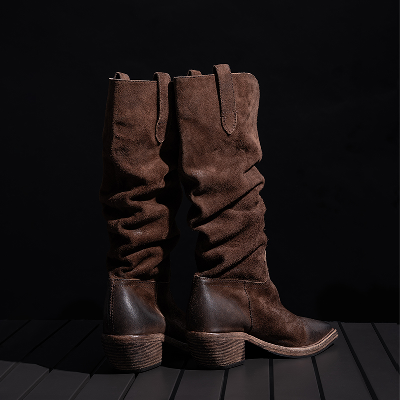 LOU SHOYER高筒长靴女水洗反牛皮尖头褶皱骑士靴不过膝西部牛仔靴