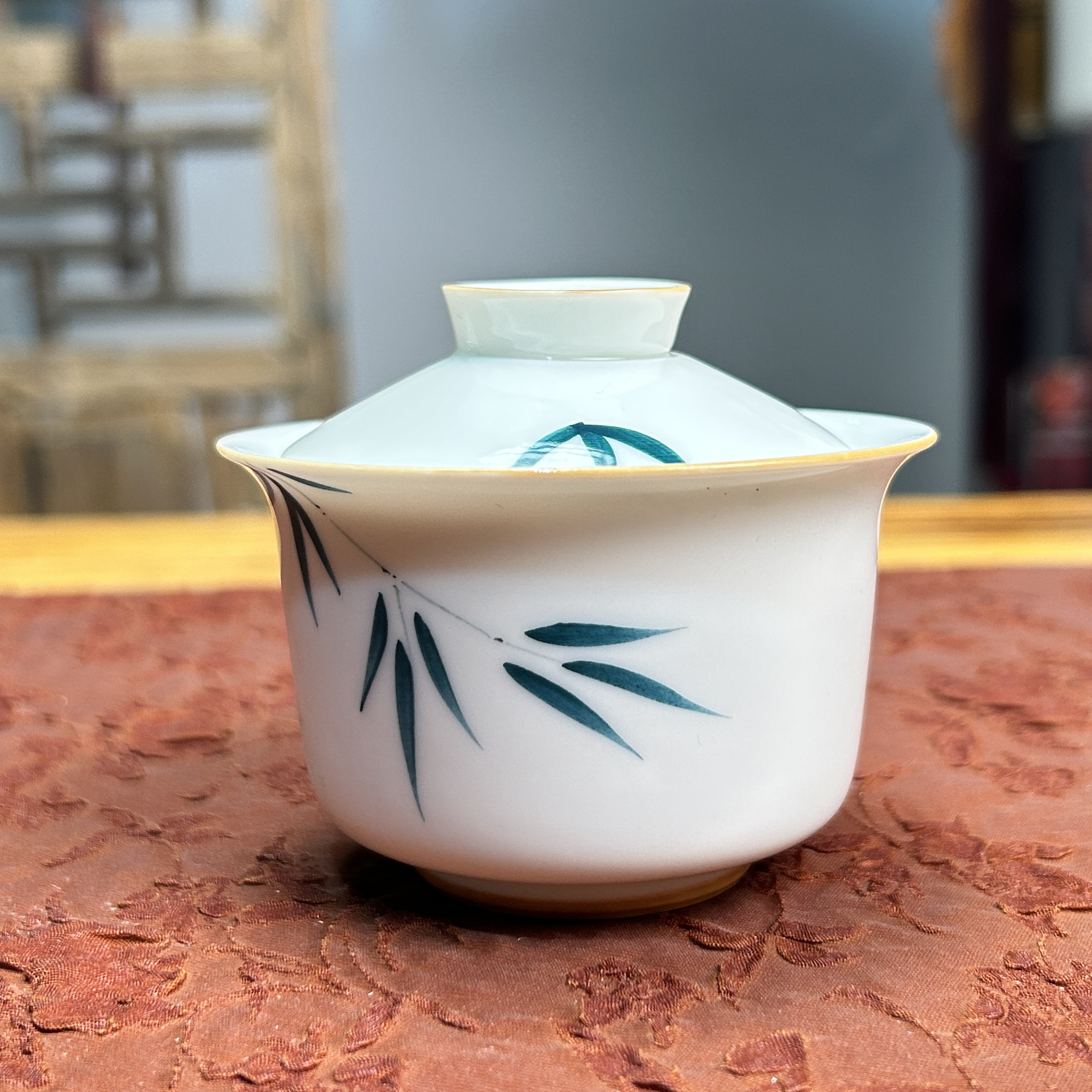 四海新品【手绘竹叶二才盖碗】高温陶瓷手绘竹盖碗