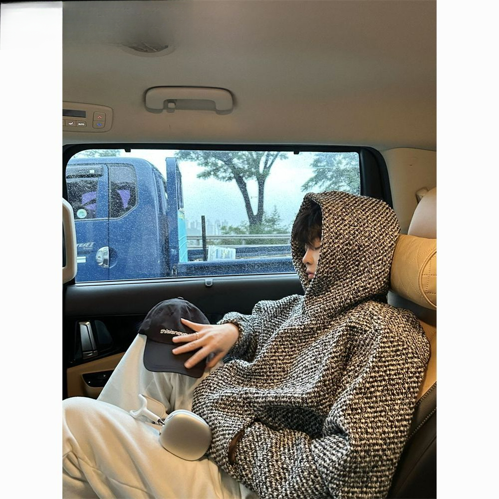 美式复古重磅小香风卫衣男高级感潮牌高街针织毛呢男士连帽外套潮