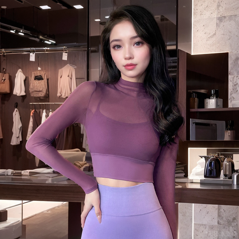 【小扬哥推荐】假两件网纱固定杯奇运动健身瑜伽服修身瑜伽上衣秋
