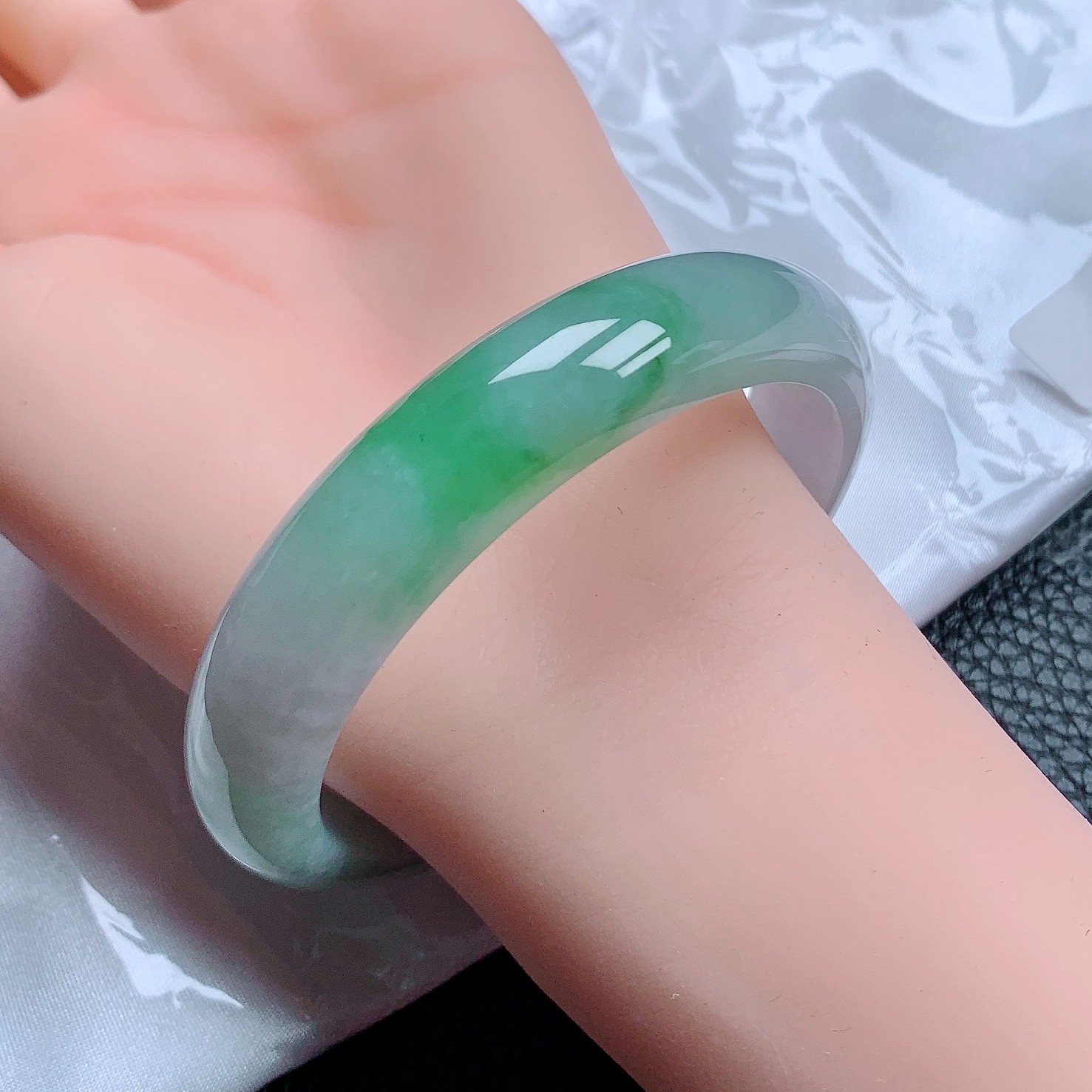 58圈天然A货翡翠手镯绿色正圈翡翠色飘绿冰透宽边玉镯子妈妈女款