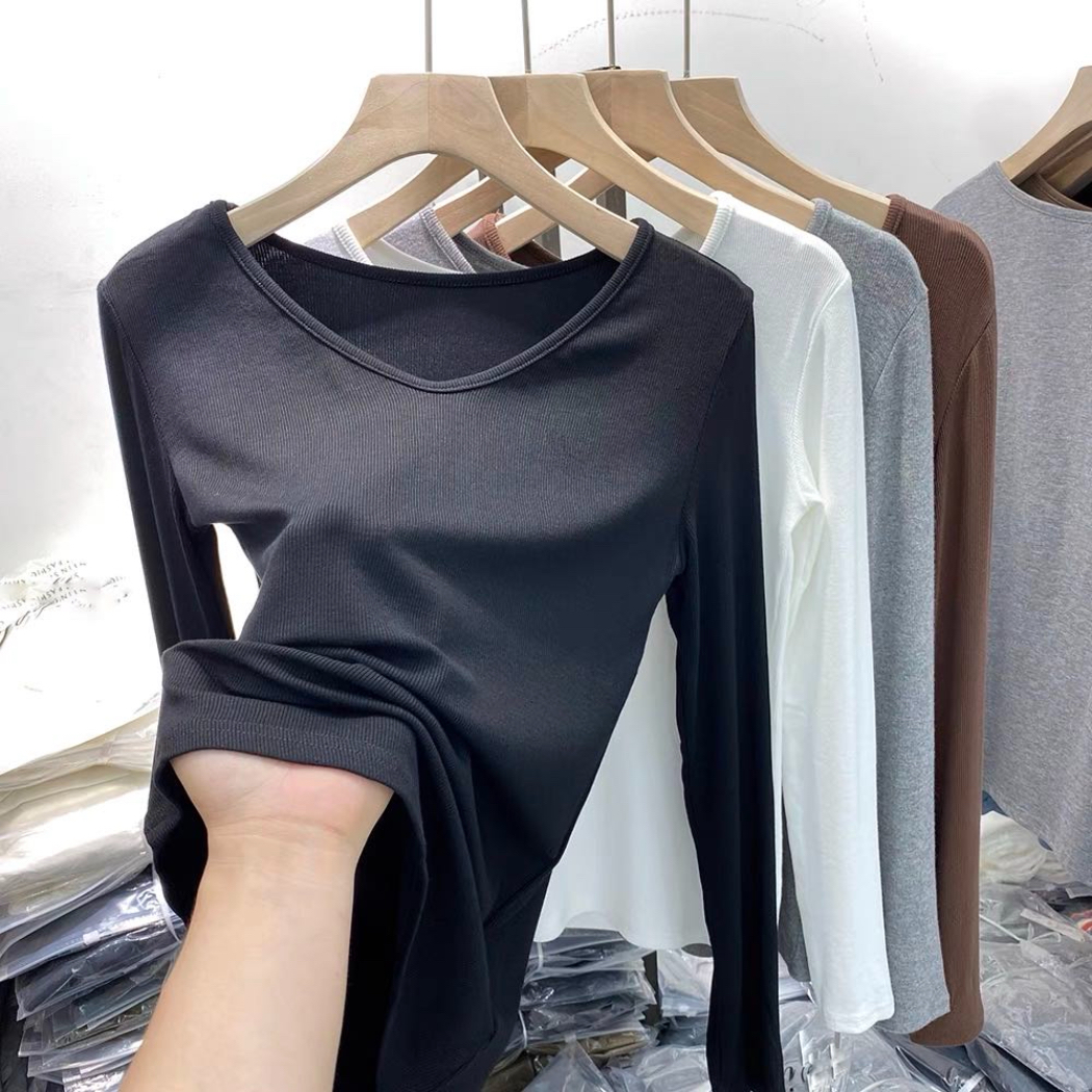  秋冬长袖圆V领时尚百搭设计感显瘦网红针织圆领螺纹打底衫T恤