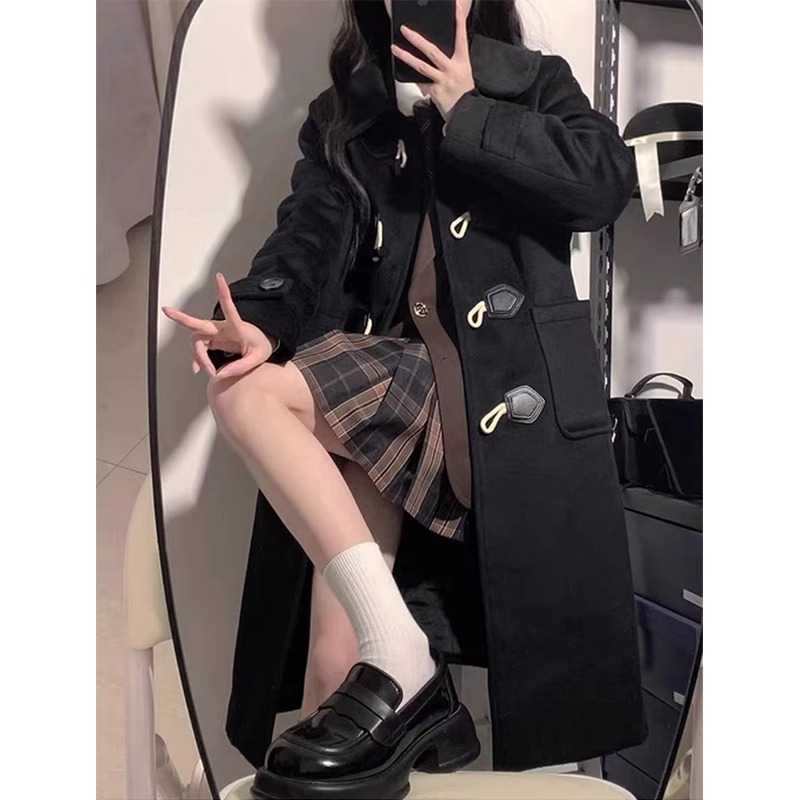 学院风牛角扣羊毛大衣外套女2025新款冬季加棉加厚毛呢原创jk制服
