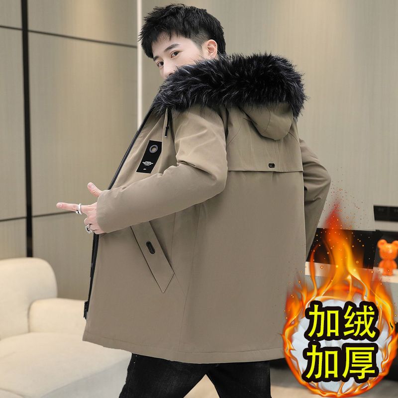 冬季衣男中长款连帽服加绒加厚韩版夹克男秋装外套/薄厚可选