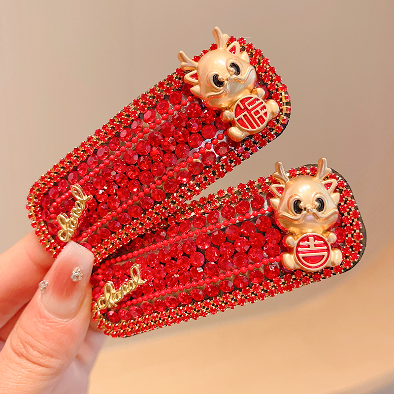 新年宝宝红色前额刘海夹发饰女童过年发卡头饰儿童龙年侧边碎发夹