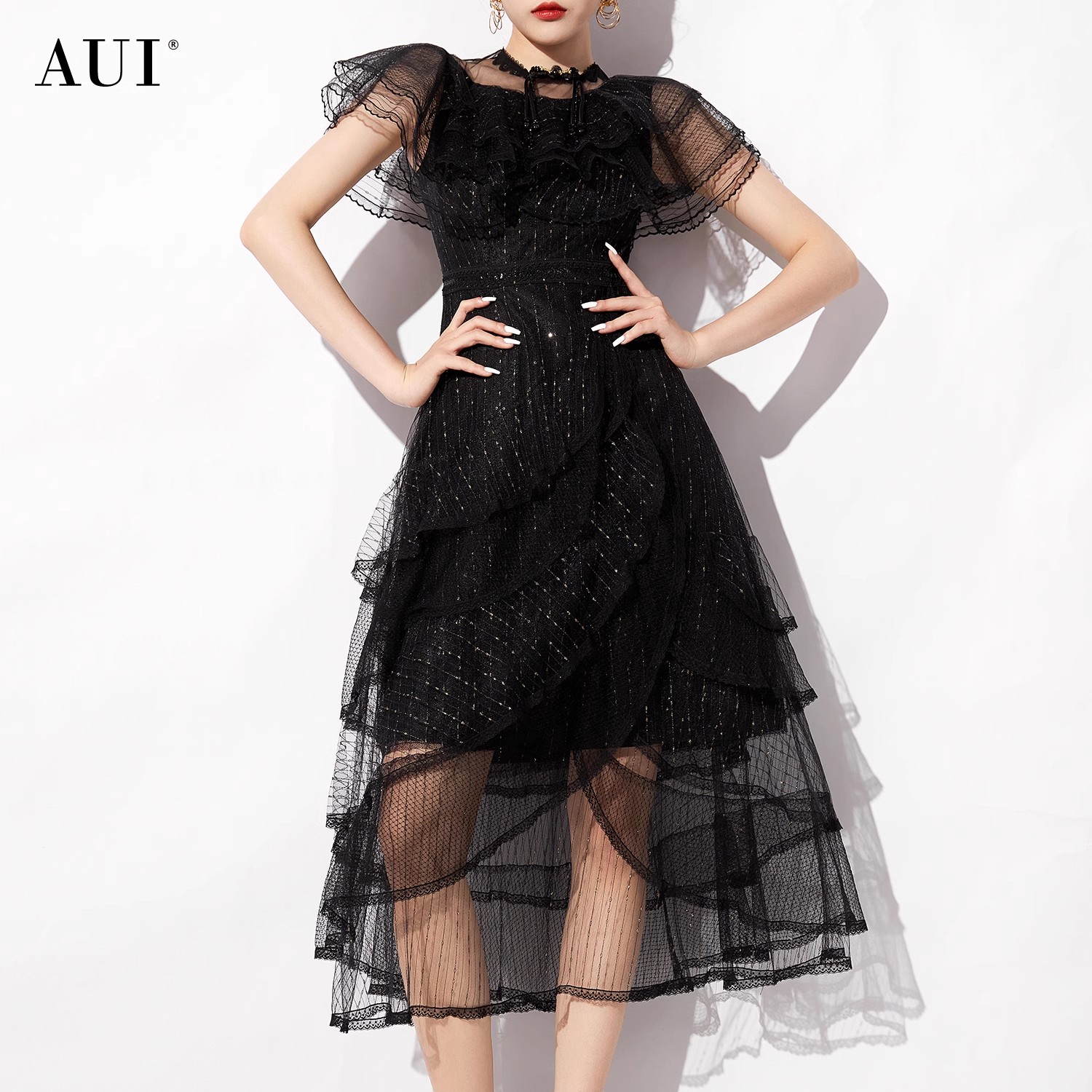 【诗语专属】AUI黑色名媛气质设计蕾丝荷叶边连衣裙-24X014228