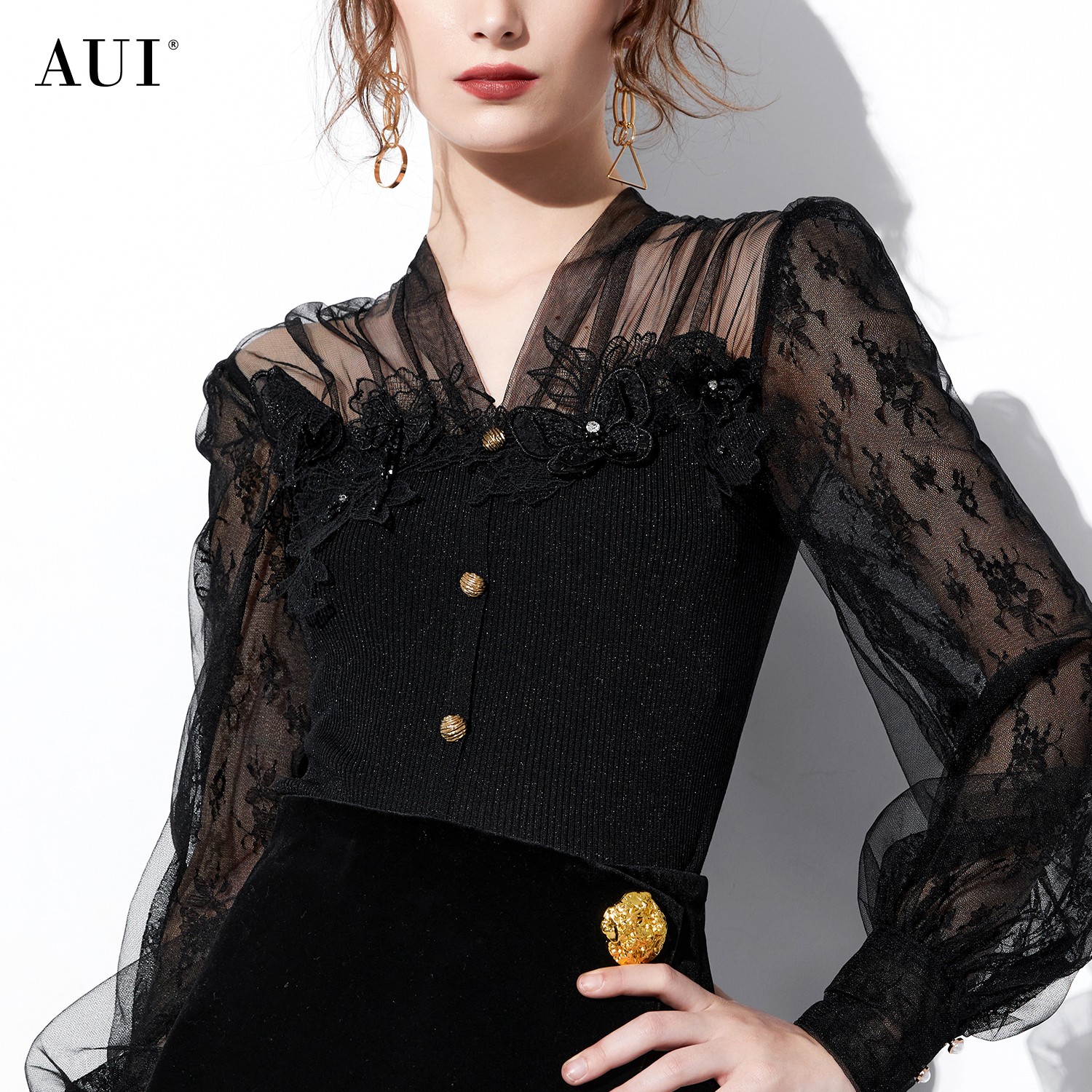 aui时尚百搭黑色名媛针织衫气质灯笼袖V领修身长袖毛衣23D123278