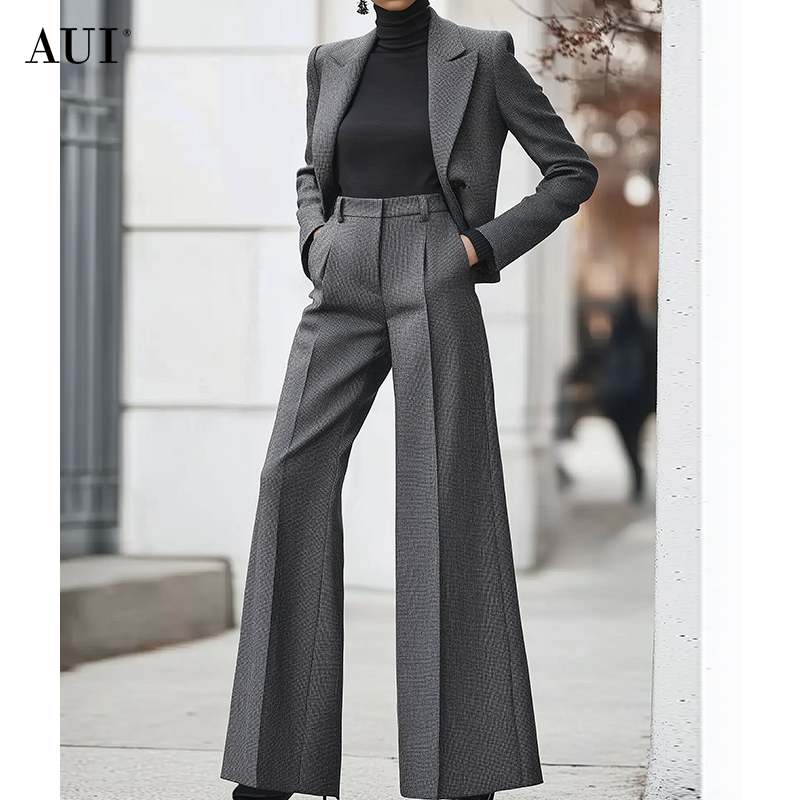 【媛媛女王专享】AUI灰色高级感通勤套装西装阔腿裤两件套-20240402