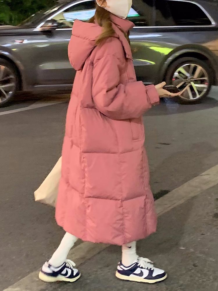 波司登树莓粉泡芙长款棉衣女宽松显瘦过膝款面包服显瘦羽绒棉服外