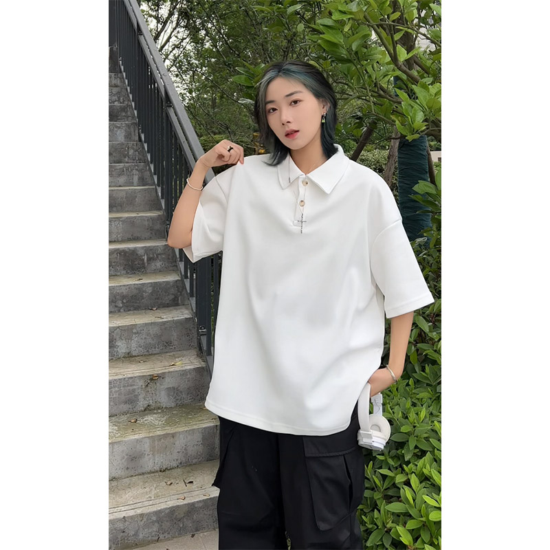 纽扣Polo衫短袖t恤男士夏季白色简约休闲百搭半袖体恤青少年上衣