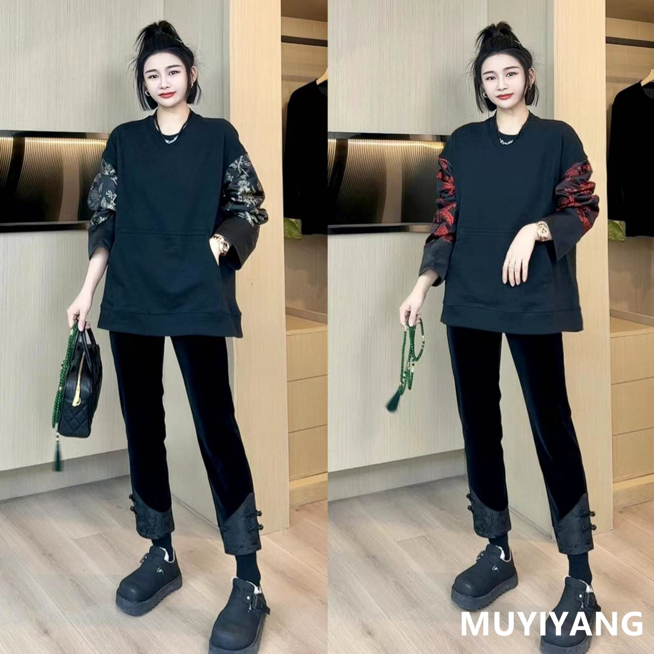 【木易杨】欧版拼接刺绣段面新中式宽松卫衣 衣长70 24-035#