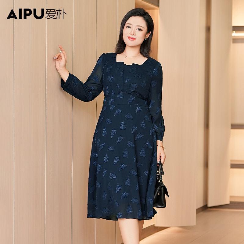 爱朴大码女装春季新款显瘦遮肉外出洋气百搭气质高贵连衣裙21460