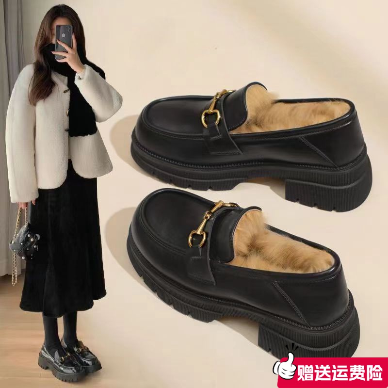 红蜻蜓牌加绒女2023新款冬季软皮百搭毛毛鞋粗跟厚底乐福鞋女单鞋
