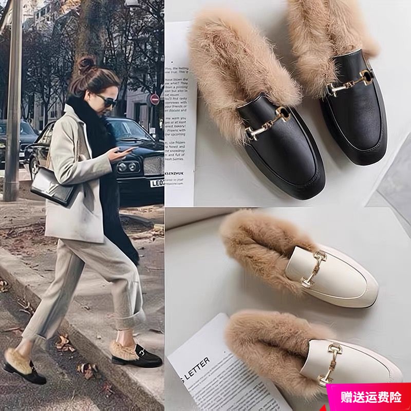 红蜻蜓牌毛毛鞋女外穿2023新款秋冬季软底豆豆鞋加绒加厚保暖单鞋