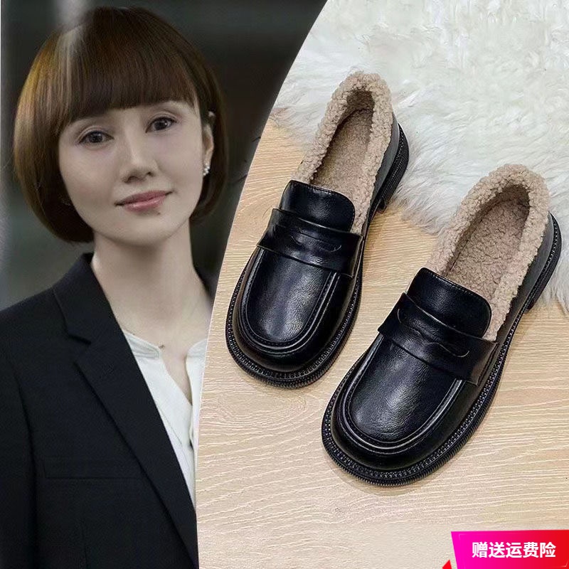 红蜻蜓牌真软皮厚底加绒保暖英伦风小皮鞋女冬季新款复古尚百搭乐