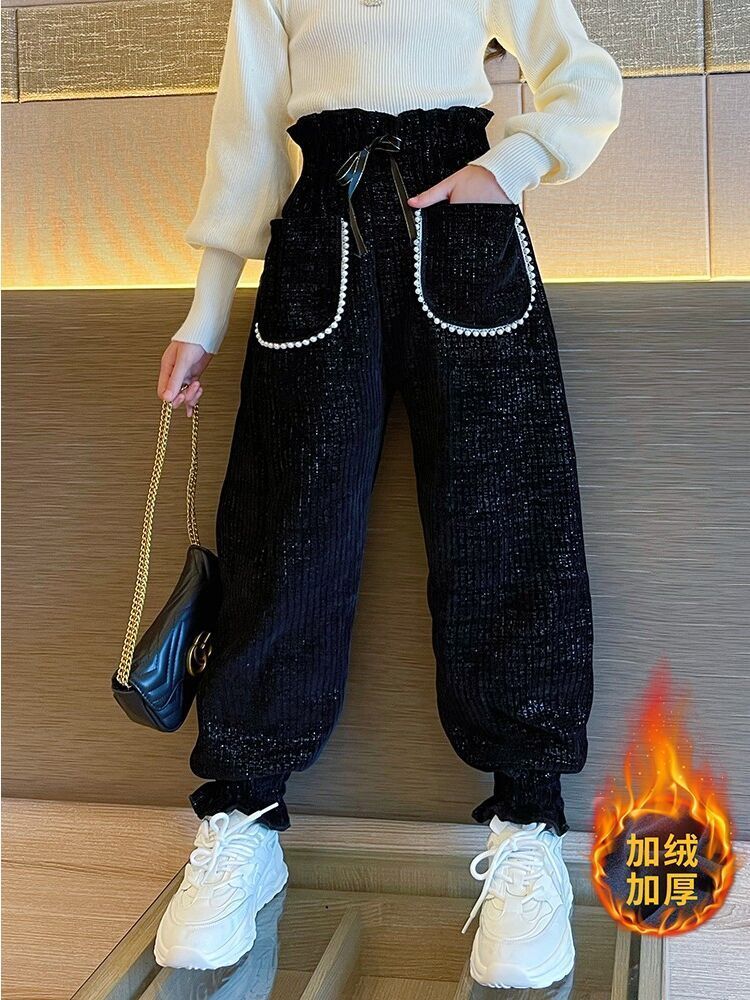 女童裤子秋冬季加绒加厚外穿一体绒中厚中大童洋气宽松女孩束脚裤