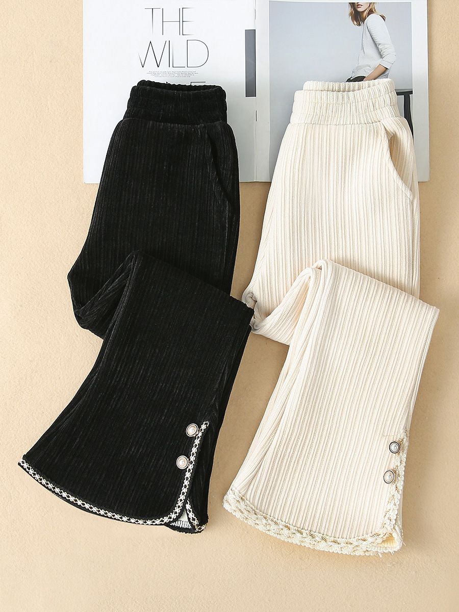 女童休闲裤子2023春秋新款外穿加绒长裤中大童女孩冬装花边喇叭裤