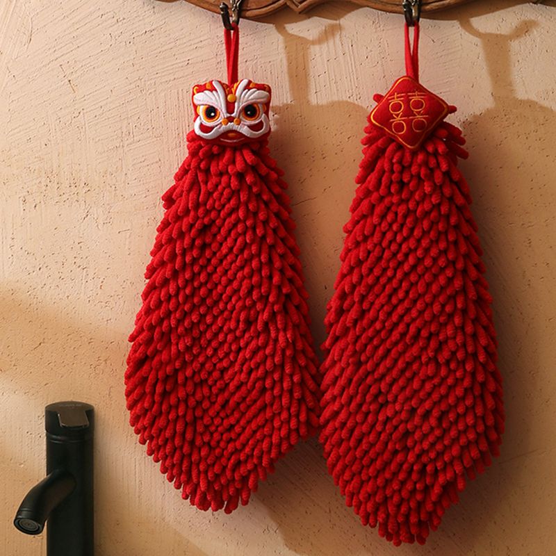 雪尼尔擦手巾吸水不掉毛红色喜庆厨房擦手球毛巾挂式可爱线手套