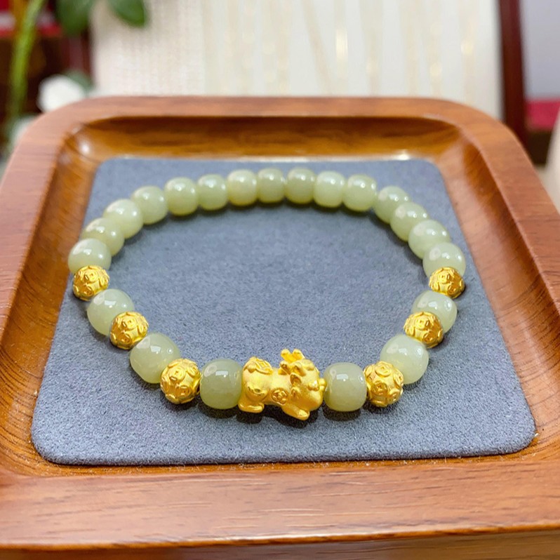 足金999 貔貅宝宝配6颗金钱珠卡6手串5D硬金手链气质玉手串女手链
