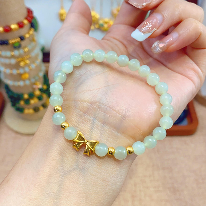 足金999蝴蝶结在逃公主系列天然和田玉手串百搭女士气质少女手链