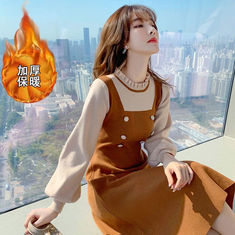 法式针织连衣裙女2025秋冬新款收腰显瘦小香风假两件中秋季连衣裙