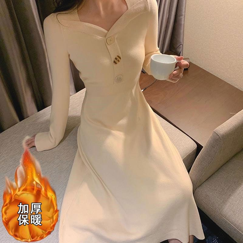 冬季很仙的内搭配大衣的毛衣裙修身显瘦中长款针织打底连衣裙法式