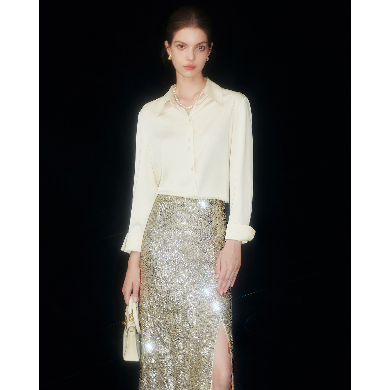 【Mandy千金穿搭】光白琉璃旖旎亮片半身裙女垂坠开衩高腰包臀长裙