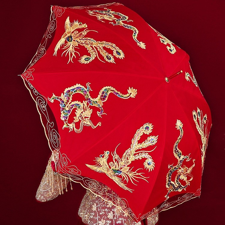 红伞结婚新娘伞婚庆出嫁伞蕾丝花边刺绣中式婚礼长柄雨伞复古婚伞