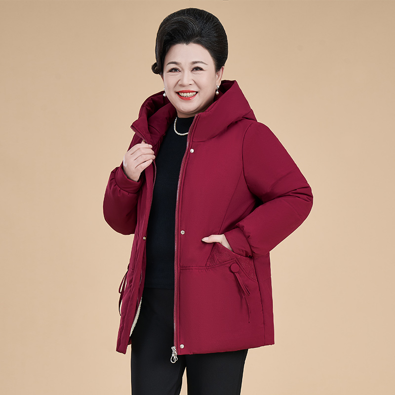 秋冬时尚棉衣连帽拉链款定位纽扣装饰绣花棉袄加绒棉服外套妈妈装