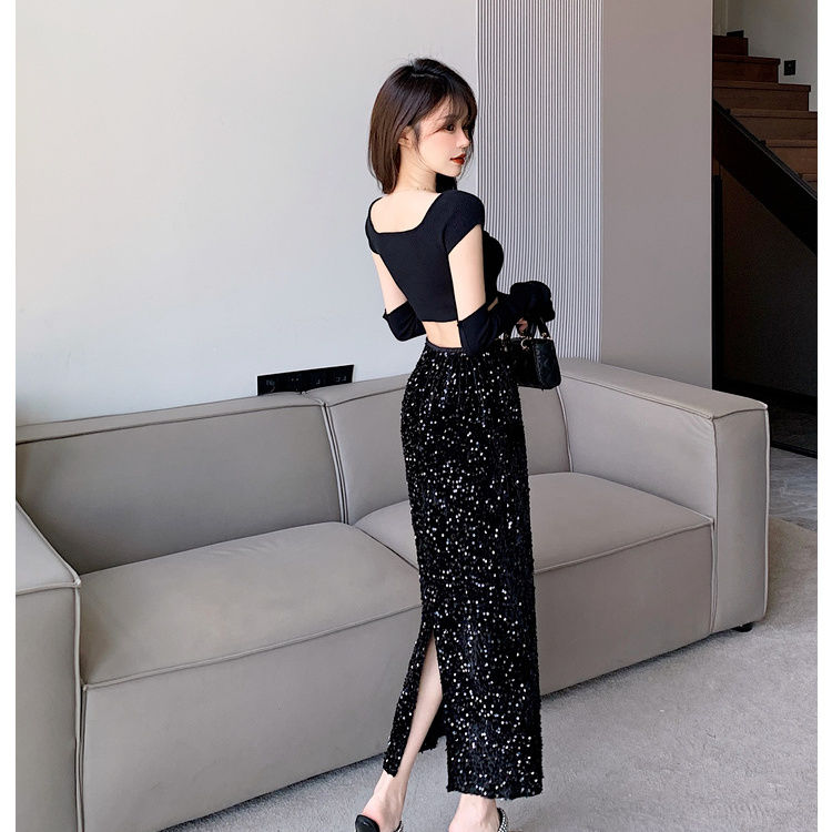 丝绒亮片半身裙女春秋季亮闪高腰开衩半裙今年流行爆款黑色长裙子