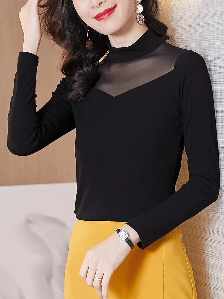 莫代尔螺纹半高领网纱打底衫女2023秋冬加绒加厚内搭性感长袖百搭