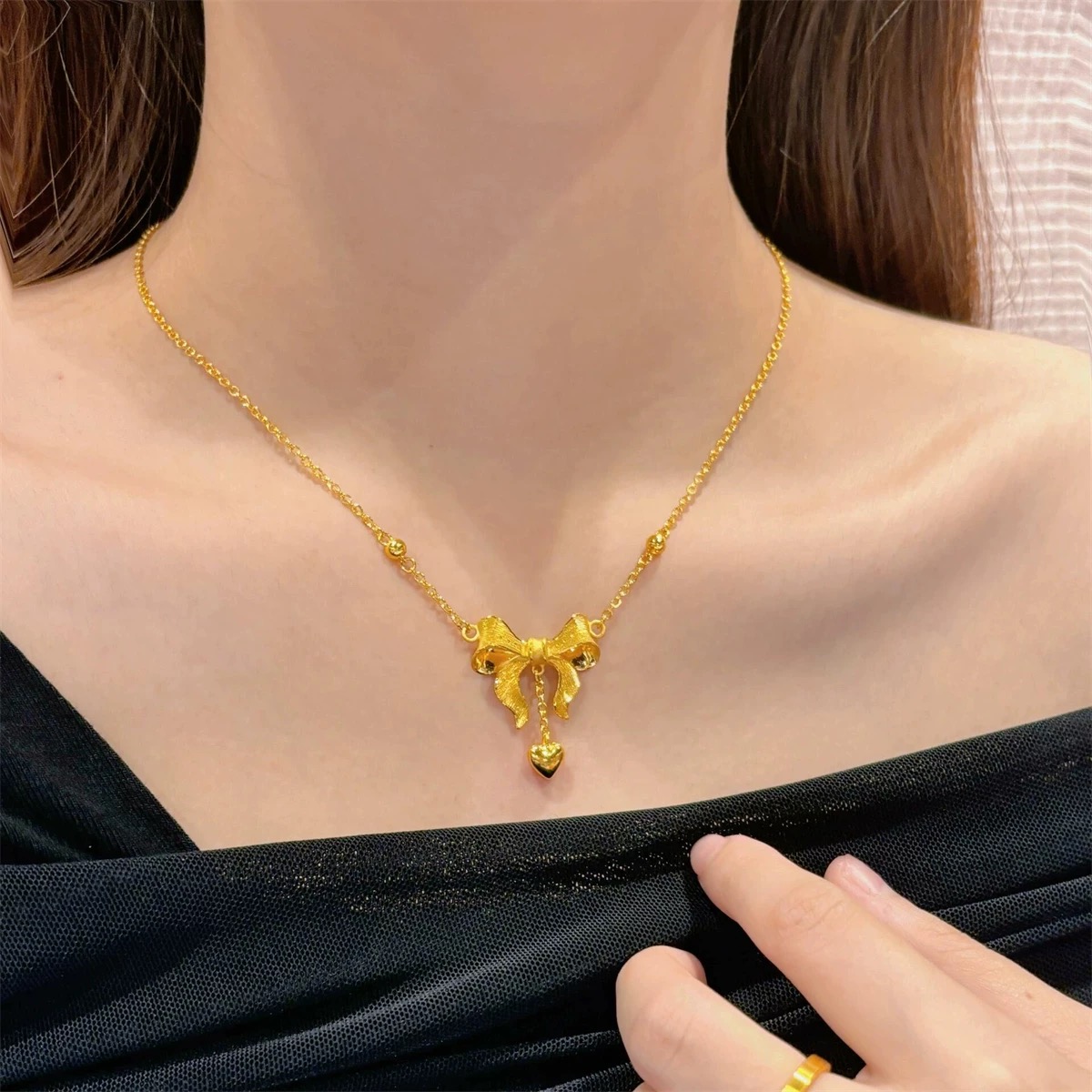 铜合金项链 新中式在逃公主爱心蝴蝶结项链女气质锁骨链高质感