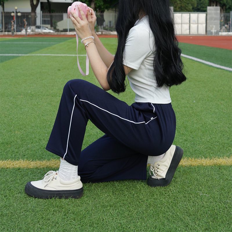 春秋季透气款藏蓝色细白条薄款直筒运动裤男女小学初中高中生校裤