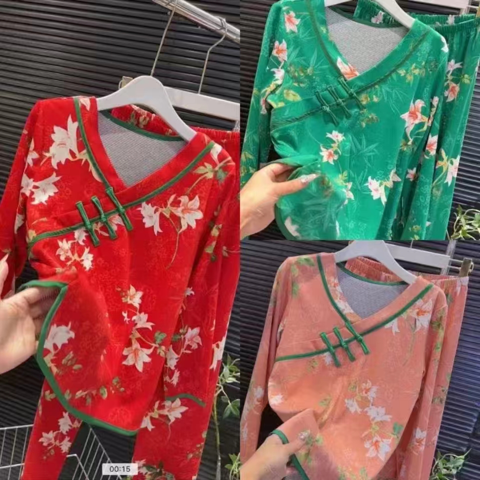 秋冬新款欧货盘扣洋气V领家居服睡衣套装女款德绒磨毛舒适保暖套
