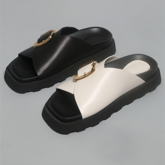 巴黎时尚搭扣一字厚底拖鞋女高级感小牛皮面百搭松糕休闲拖鞋