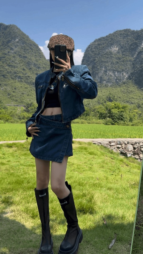 6070新款美式独特短款牛仔外套上衣+不规则a字半身裙裤两件套