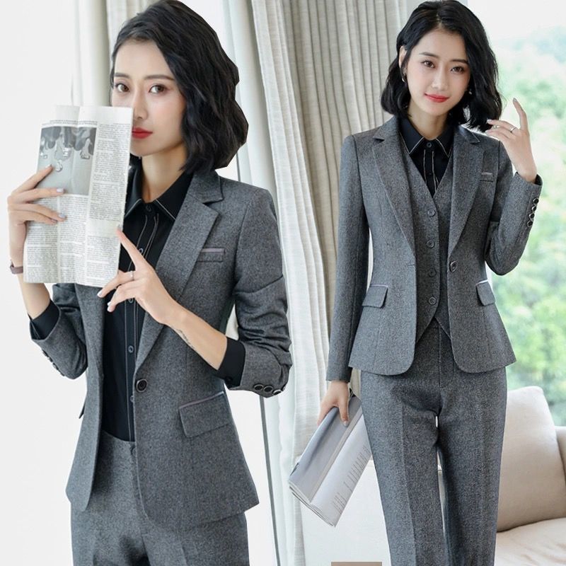 灰色西装套装女职业气质女神范总裁正装秋冬高端西服美容院工作服