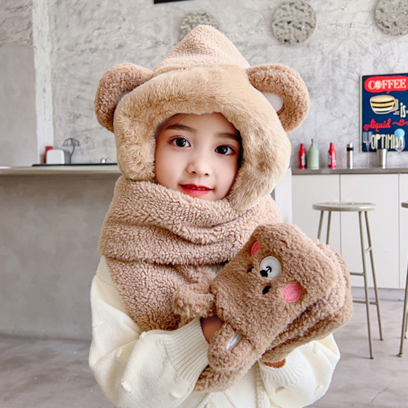 儿童帽子围巾一体手套秋冬季男女童围脖小熊网红耳朵毛绒护耳帽潮