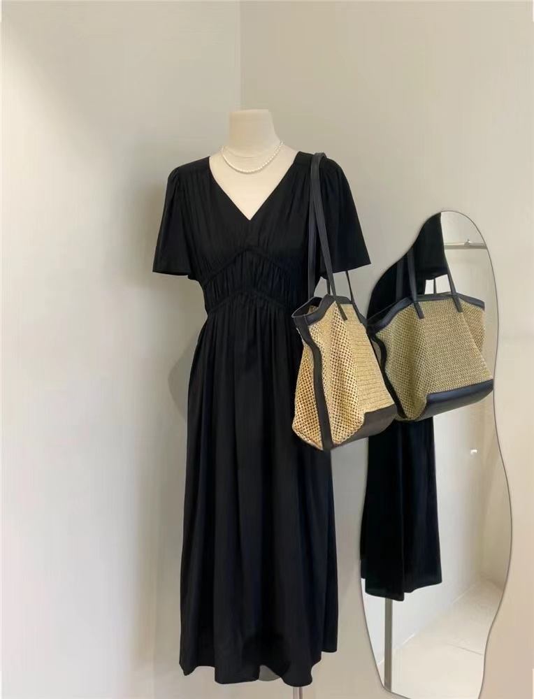 【气质V领】纯色显瘦高腰短袖连衣裙套头-苋 15248(58073)