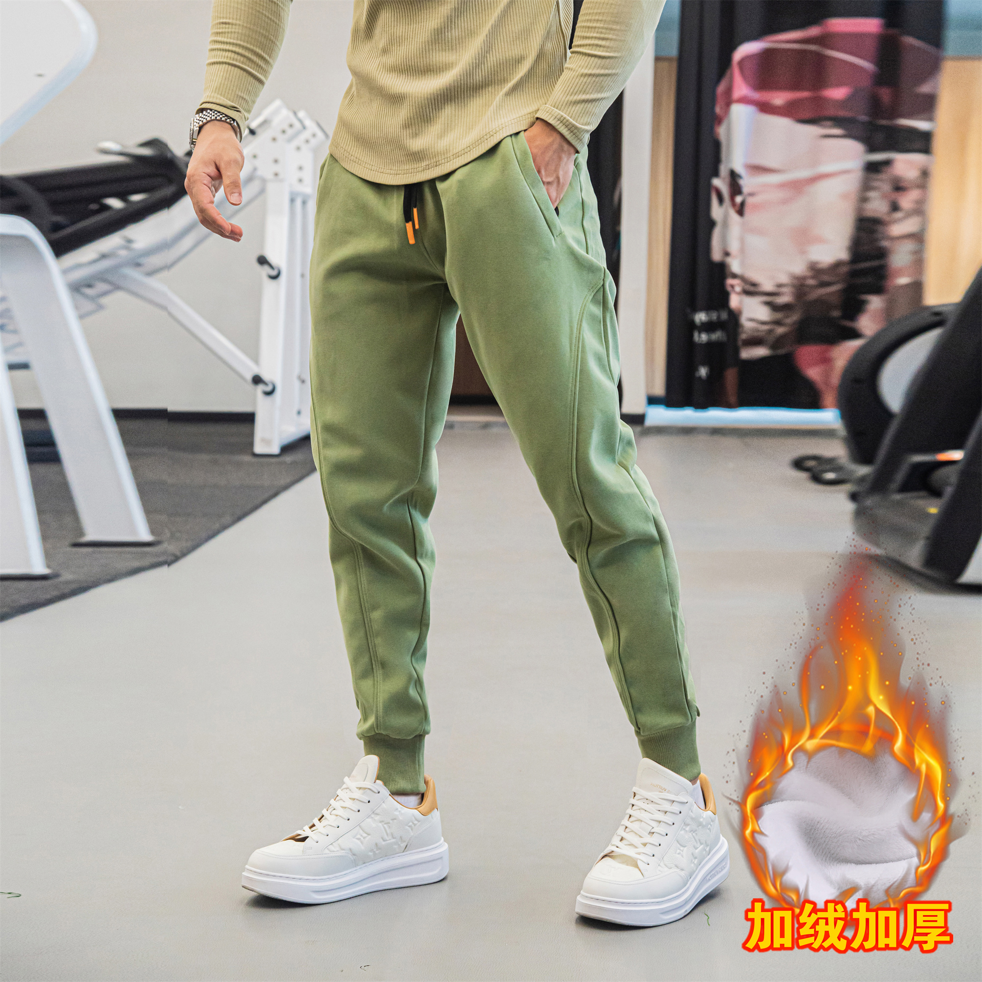 秋冬加绒男士长裤户外跑步训练骑行加厚保暖潮流百搭休闲束脚卫裤